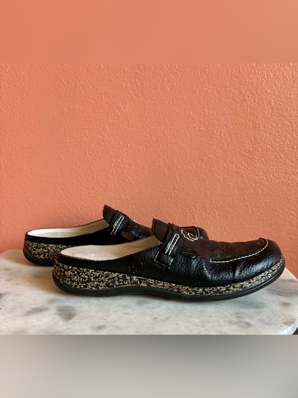 Rieker Black Leather Slip-On Loafer Mule